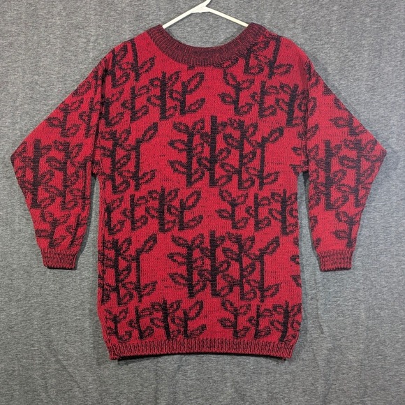 KAMD Sweaters - Vintage Kamd Red Black Graphic Leaf Knit Sweater Made in USA Size Small